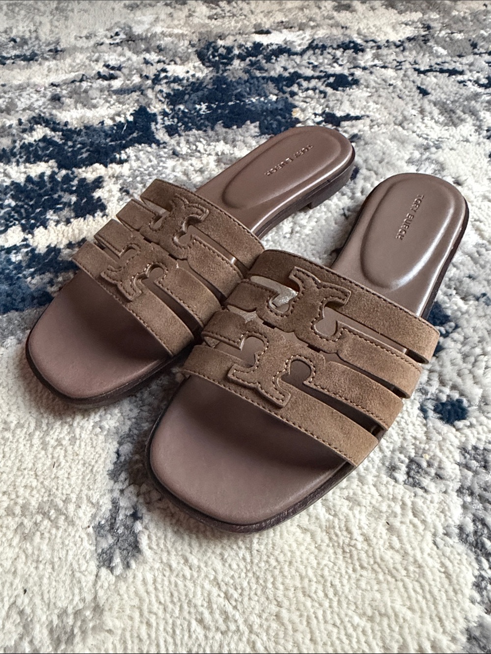 Tory Burch Ines Slides Chocolate Brown Suede Logo Sandals Women’s 7 Like New